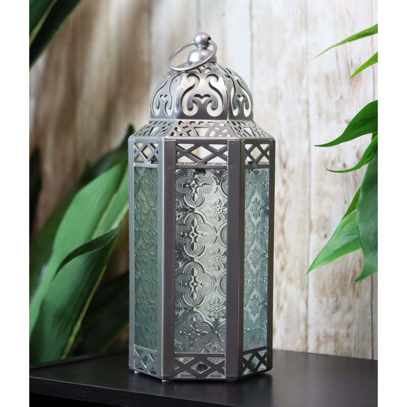 VELA LANTERNS 10.5" Moroccan Candle Lantern Decorative Candle Holder Lamp for Table or Hanging, Ramadan Decorations, Indoor Home Decor, Outdoor Patio or Porch, Silver Metal, Clear Glass, Medium - Image 1